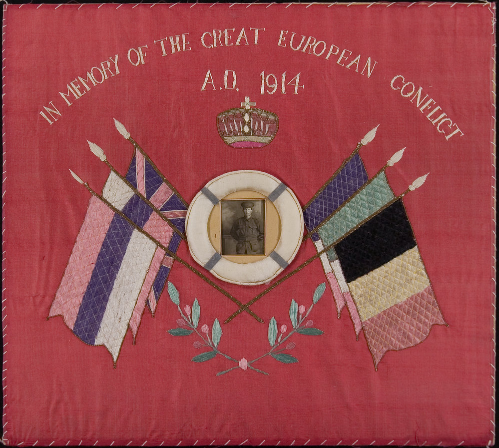 Embroidery of flags commemorating World War One
