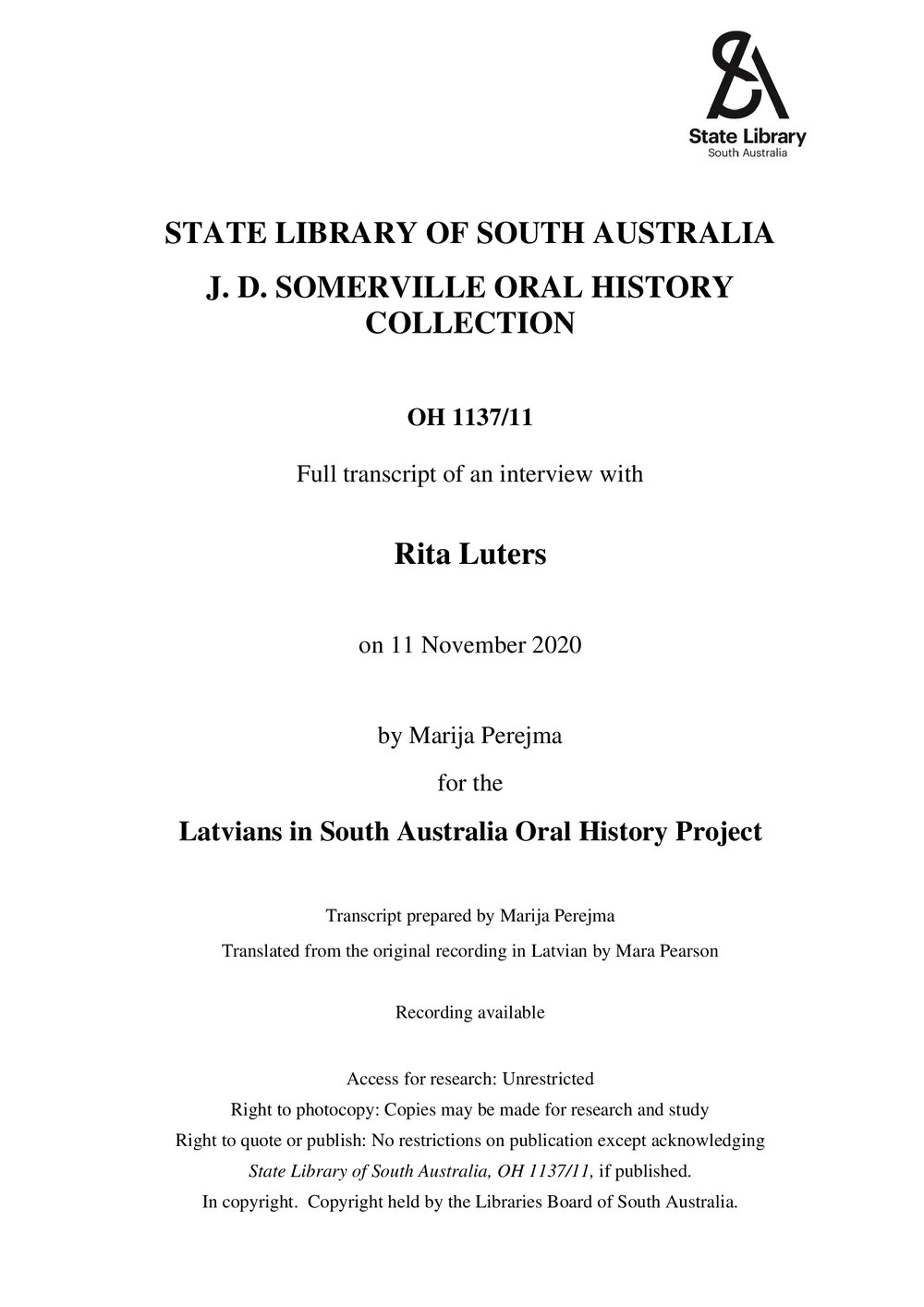 Interview with Rita Luters [English translation] / Interviewer: Marija Perejma