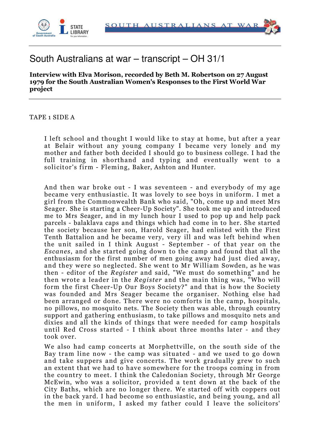 Interview with Elva Morison [transcript] Interviewer: Beth M. Robertson