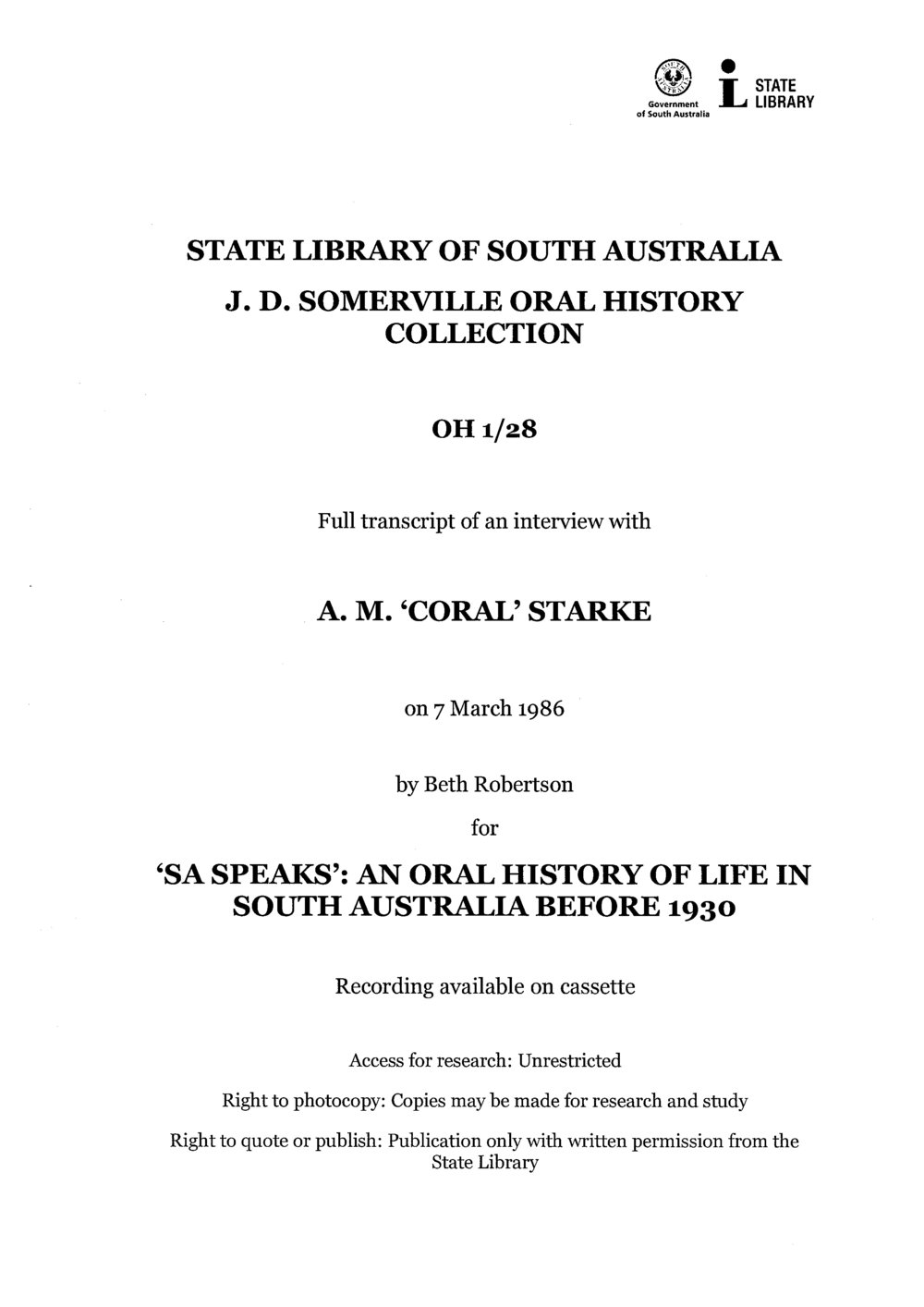 Interview with Amy Maud 'Coral' Starke [transcript] Interviewer: Beth M. Robertson