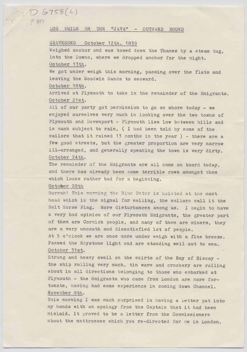 Diary of James Trangmar aboard the 'Java'