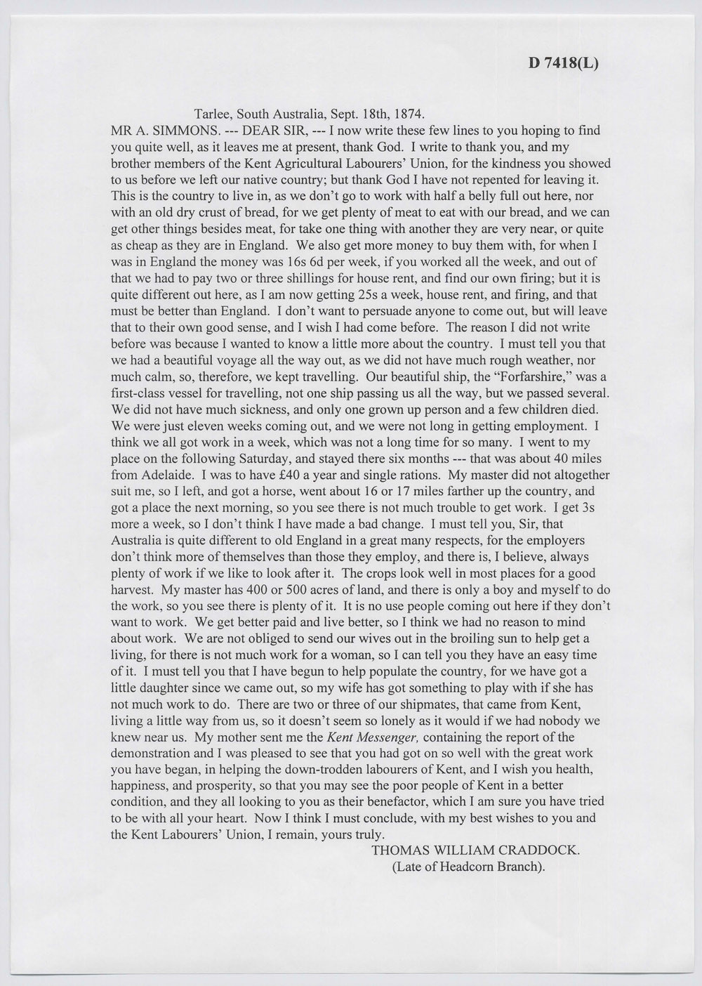 Letter from Thomas William Craddock