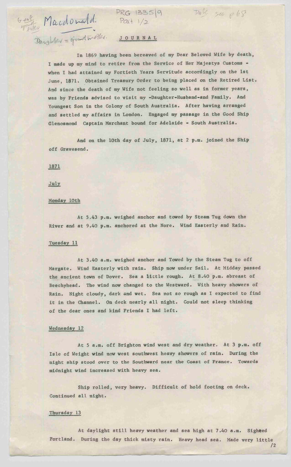 Diary of Mr MacDonald