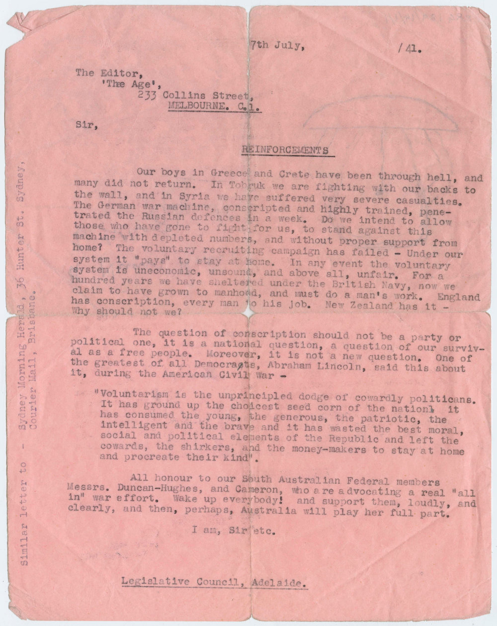 Letter to the Editor dated 7 July 1941