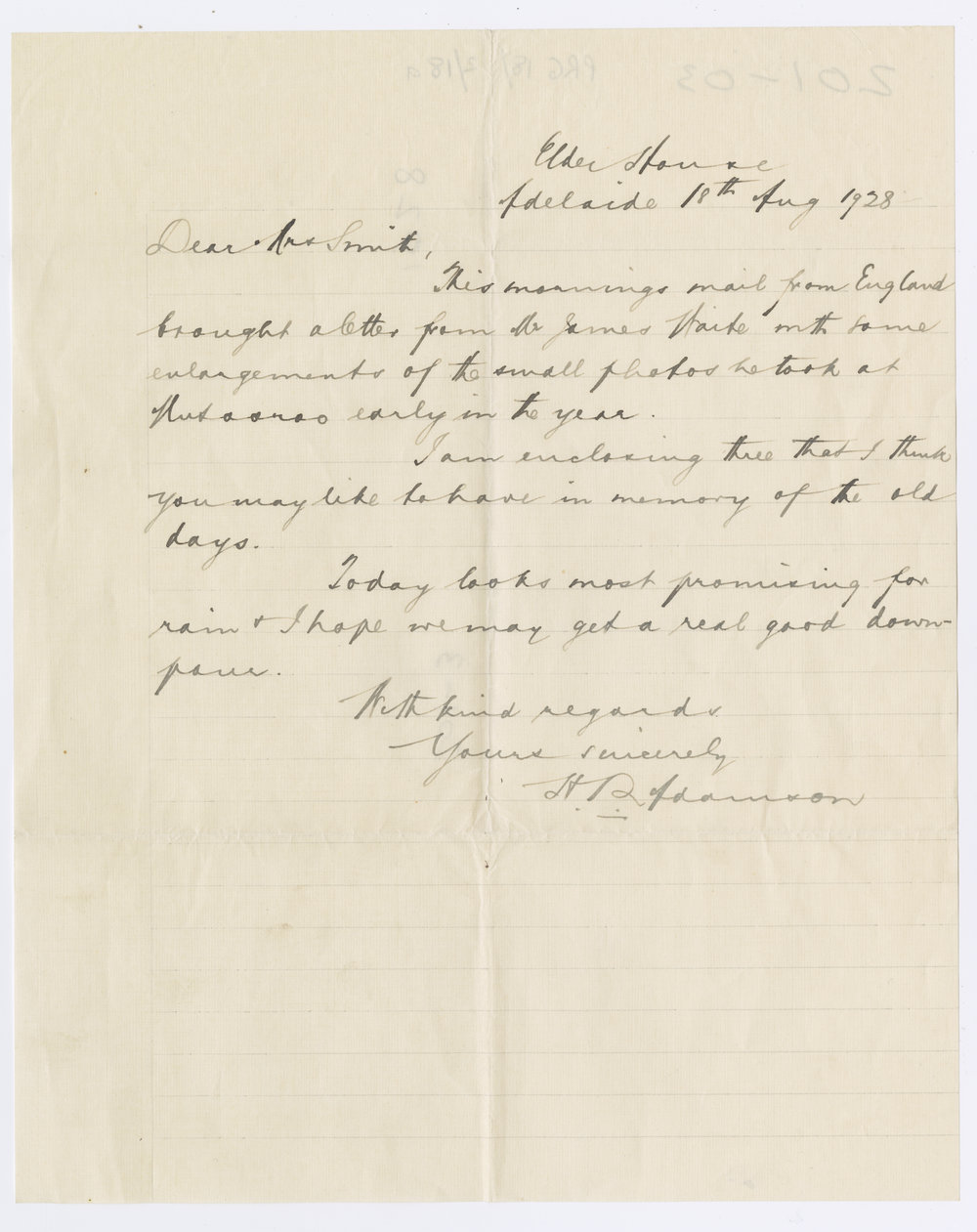 Letter to Mrs Jessie Smith from Henry Robert Adamson