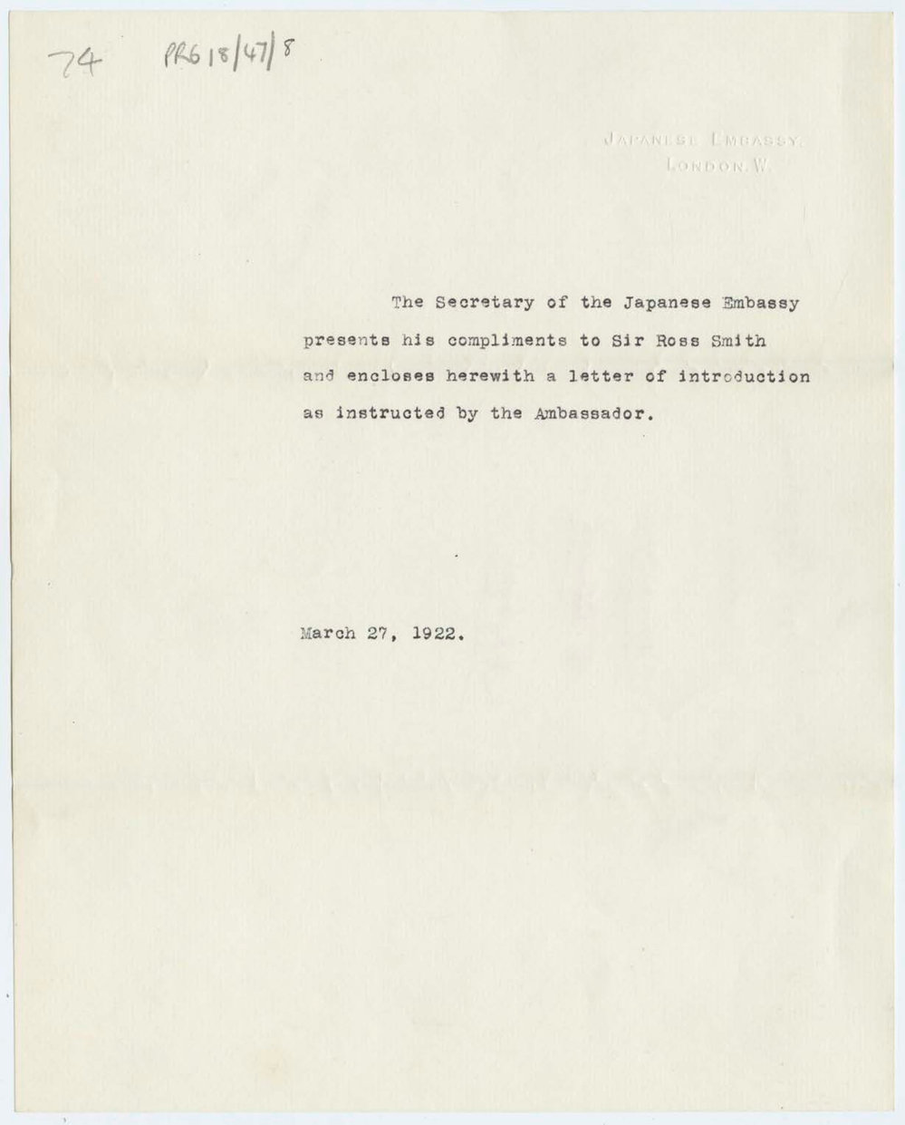 Letter of introduction from the Japanese Embassy in London for Ross Smith