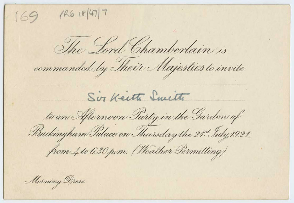 Invitation to Buckingham Palace issued to Sir Keith Smith