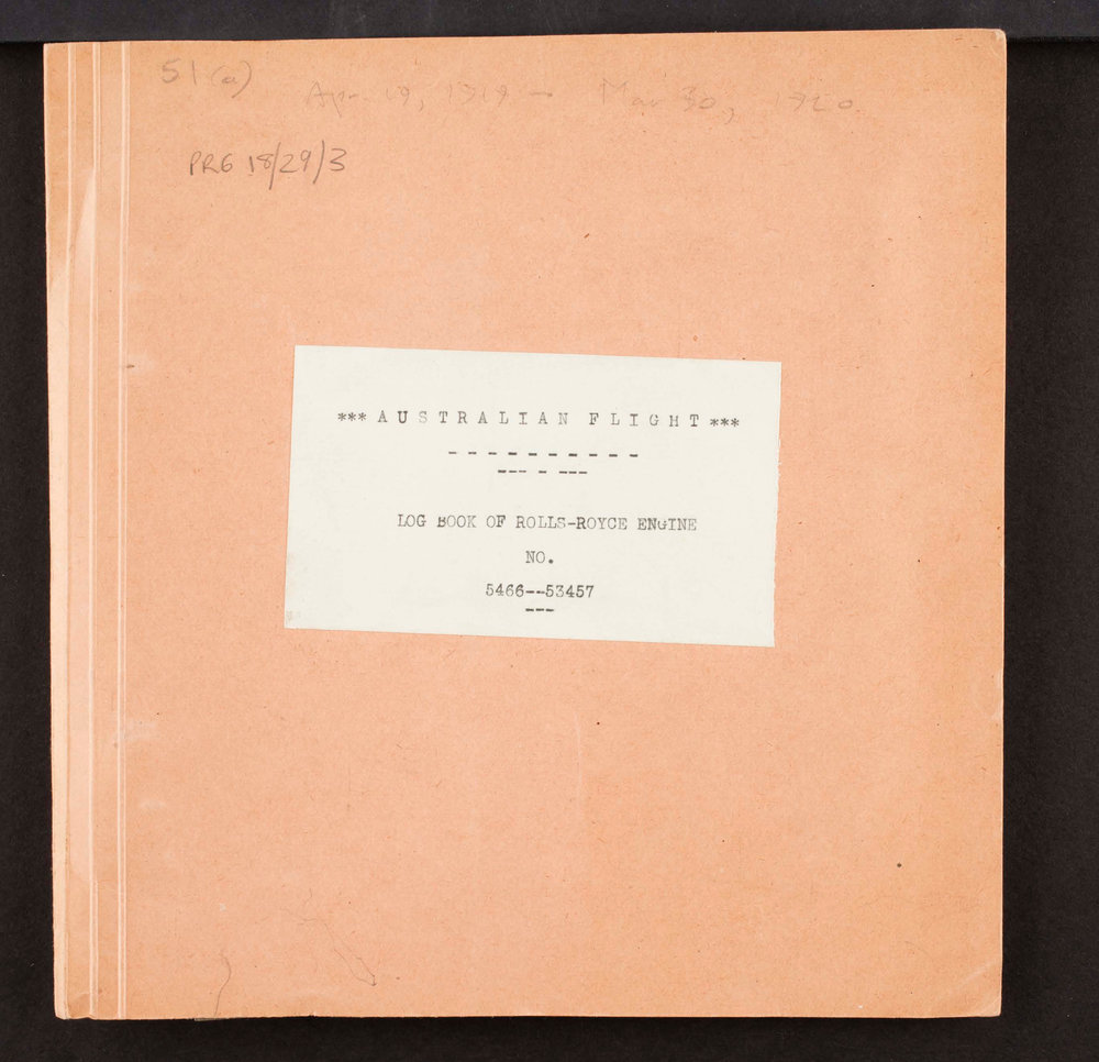 Log book of Rolls-Royce Engine No. 5466 - 53457 used in the Vickers Vimy G-EAOU.