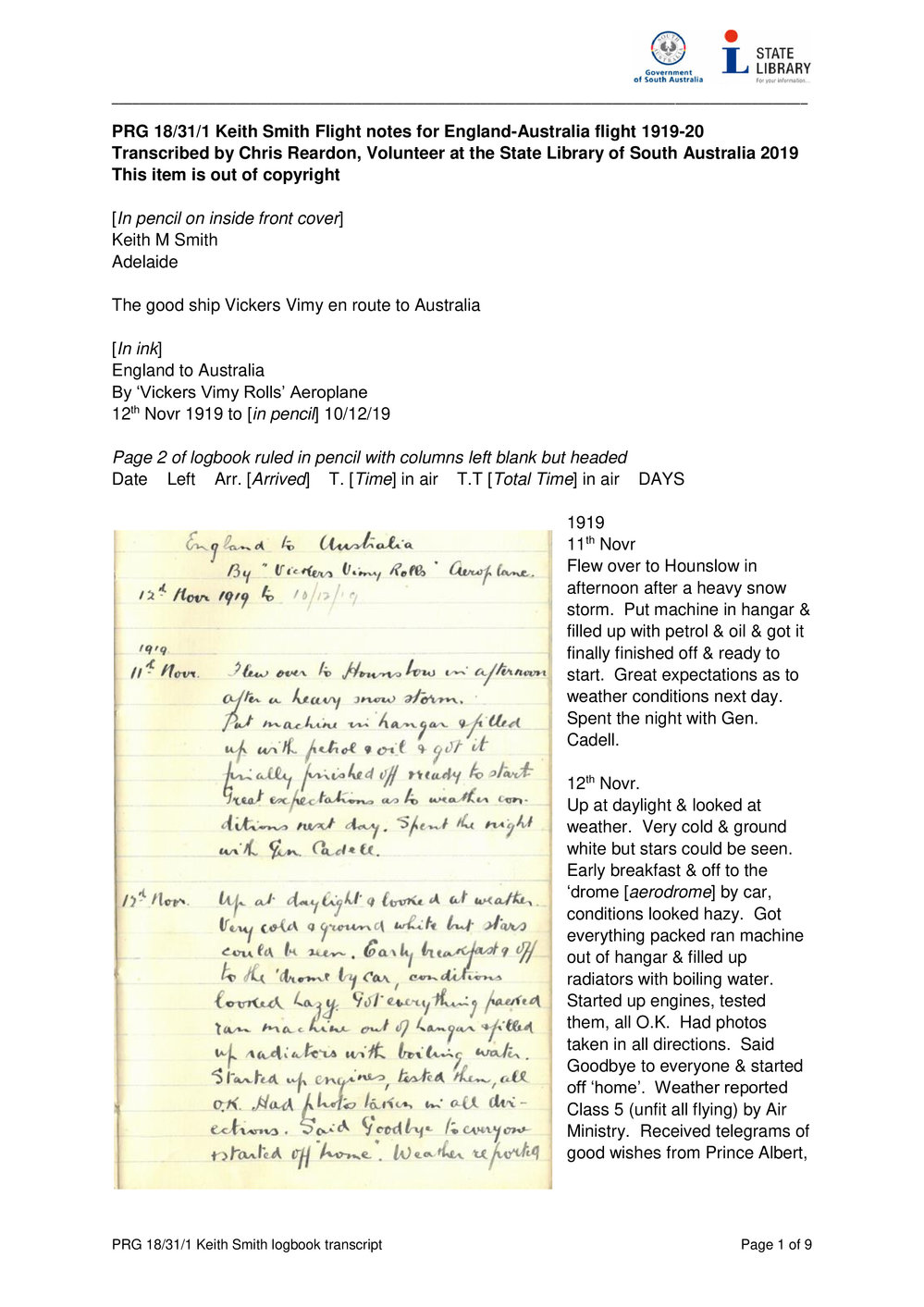 Diary of Keith Smith covering the England-Australia flight [transcript]