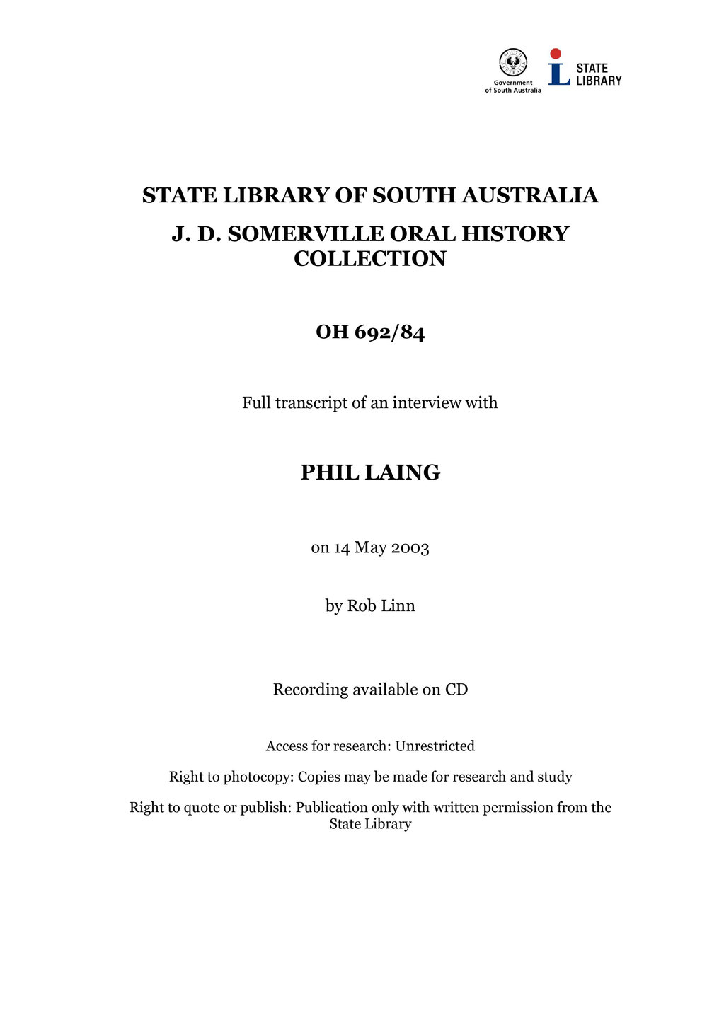 Interview with Phil Laing [transcript] Interviewer: Rob Linn