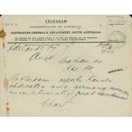 Telegram reporting the Kaiser's abdication