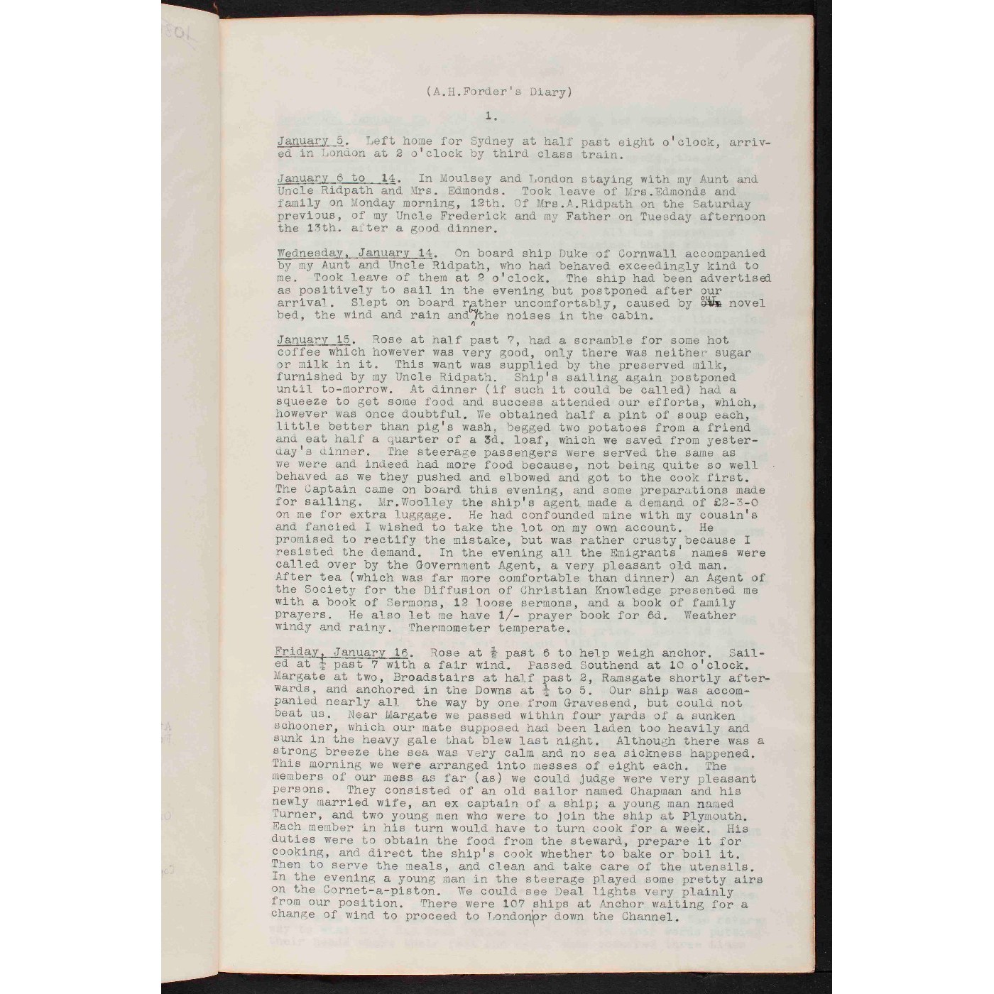 Diary of voyage on the 'Duke of Cornwall' by A.H. Forder