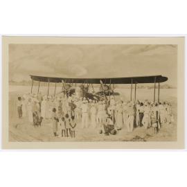 Photograph of painting of Vickers Vimy and crowd.
