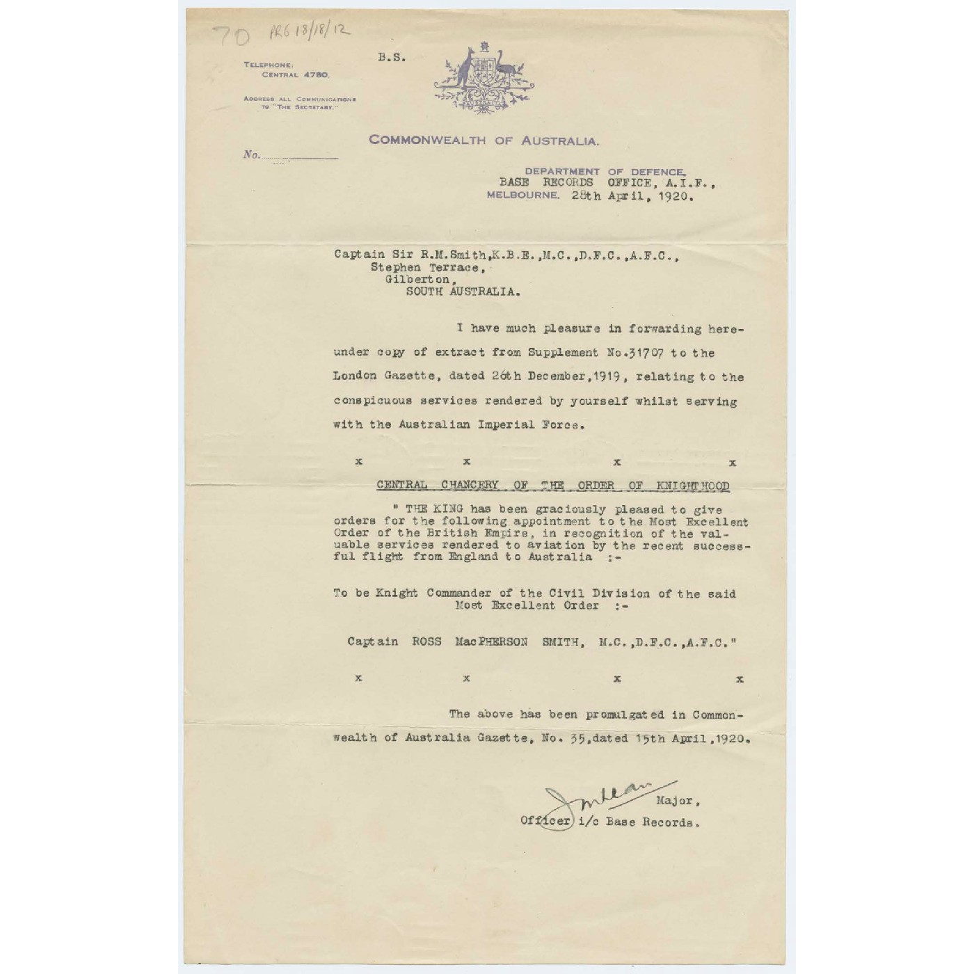 Correspondence regarding commendations awarded