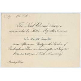 Invitation to Buckingham Palace issued to Sir Keith Smith