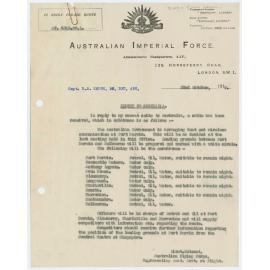 Letter re the flight to Australia