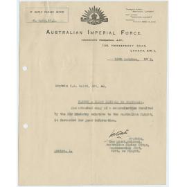 Letter re the flight to Australia