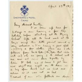 Letter from Ross Smith during World War I, Cairo, to his mother